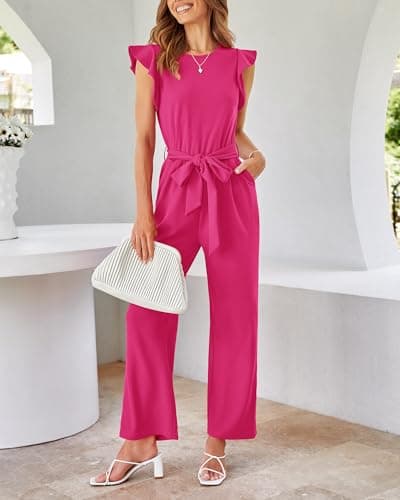 BTFBM Jumpsuits For Women 2026 Crew Neck Dressy Cap Sleeve Belted High Waist Wide Leg Romper One Piece Casual Outfits Pockets(Rose Red, Medium) - Thumbnail 6