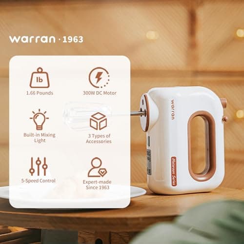 warran 300W Compact Lightweight Electric Hand Mixer, with Powerful Quiet DC Motor for Baking, Cake, Brownies, Cookie Dough, Ideal for Home Kitchen (White) - Thumbnail 2