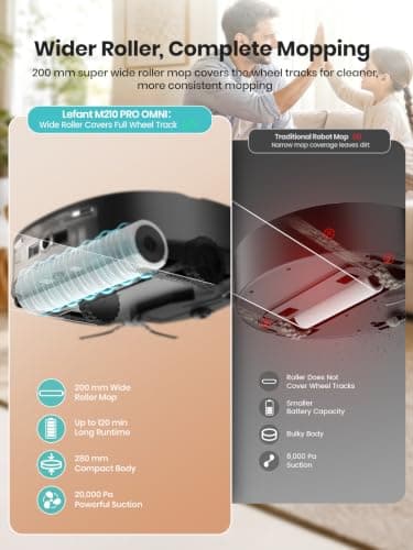 Lefant Robot Vacuum and Mop, 20000Pa Strong Suction, Self-Cleaning Roller Mop with Auto Drying, LiDAR Navigation & Obstacle Avoidance, Tangle-Free Pet Hair, Slim, 800ml Dustbin, 5G WiFi, M210 Pro OMNI - Thumbnail 4