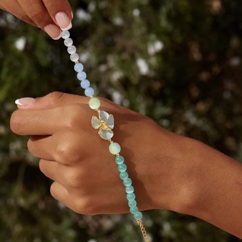 Cicy Bell Womens Flower Bracelets 18K Gold Plated Trendy Charm Colorful Cat's Eye Stone Beaded Adjustable Stretch Bracelet Friendship Vacation Jewelry Accessories - Thumbnail 4