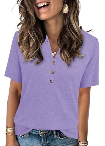 Womens Summer Tops 2026 Short Sleeve V Neck T Shirts Beach Vacation Clothes Business Casual Loose Fit Blouses Pale Purple - Image 1