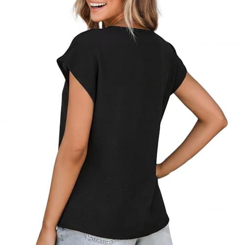 T Shirts for Women Womens V Neck Tops Summer Casual Blouses Dressy Lace Trim Short Sleeve Basic Tees Boho Fashion Black - Thumbnail 5