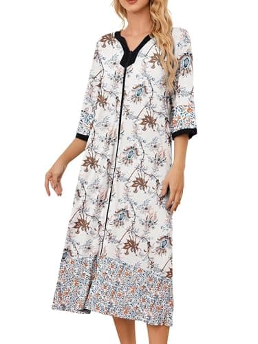 PITINAN House Dresses for Elderly Mumu Dresses Cotton Short Sleeve Nightshirt Zip Front Bathrobe Nightwear Half Sleeve Zipper Duster Housecoat Beige Vine L - Image 1