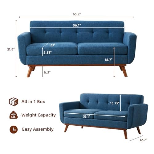 Kingfun 65.2" W Loveseat Sofa, Mid Century Modern Decor Love Seat Couches for Living Room, Button Tufted Upholstered Furniture, Solid & Easy to Install Small Couch for Bedroom Office Apartment, Blue - Thumbnail 2