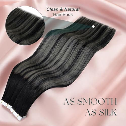 Easyouth Ombre Tape in Extensions Human Hair 16 Inch 20pcs Tape in Hair Extensions Human Hair Black Ombre Silver with Black Balayage Tapes in Extension for Women - Thumbnail 2