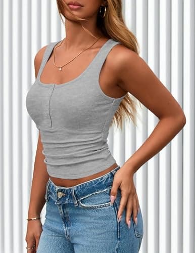 PRETTYGARDEN Womens 2026 Summer Tank Tops Ribbed Knit Slim Fit Sleeveless Henley Shirts Casual Basic Button Up Blouse (Grey,Small) - Thumbnail 4