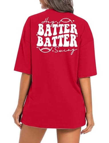 Baseball Shirts Women Oversized: Baseball Mom Tshirt Hey Batter Batter Swing Graphic Tee Ballparks Tops Red - Thumbnail 4