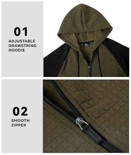 Men's Lightweight Waffle Knit Jacket Zip Up Hoodie Long Sleeve Drawstring Casual Plaid Jacquard Sweatshirt with Pocket - Thumbnail 5