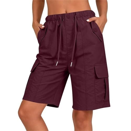 Drindf Bermuda Shorts for Women Knee Length, Cargo Shorts Women Baggy with Button Detail and Pockets, Hiking Short Pants for Summer Fall,Outdoor,Camping,Streetwear,Wine L