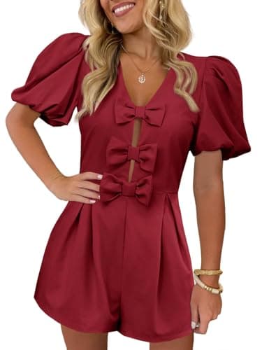 Cicy Bell Womens Cute Rompers Bow Front Puff Sleeve V Neck Short Jumpsuits Sexy Summer Outfits with Pockets - Image 1