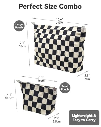 fahombag 2 Pcs Checkered Makeup Bag Set Corduroy Cosmetic Pouch for Women Large & Small Cute Preppy Aesthetic Black And White Travel Toiletry Pouch Organizer for Purse Skincare Brushes - Thumbnail 2