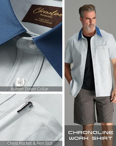 CHRONOLINE Men's Short Sleeve Button Up Shirt with Pocket Cotton Contrast Collar Spring Summer Outdoor Work Shirt for Men, Ice Blue, S - Thumbnail 5