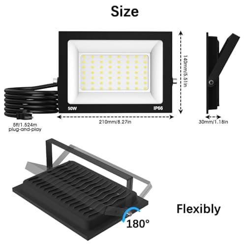 Paideste 50W Flood Light Outdoor: 2 Pack 5000LM Bright LED Plug-in Flood Light, IP66 Waterproof, 100-265V, 6500K Daylight White, Plug-and-Play, Heat Dissipation, Ideal for Yard, Garage, Stadium - Thumbnail 3