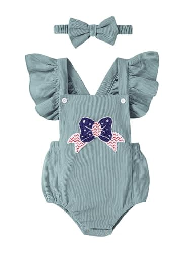 GEMLON 4th of July Baby Girl Outfits Ruffled Sleeveless Embroidery New Born Bodysuit with Headband 6 12 Month Girl Clothes - Image 1