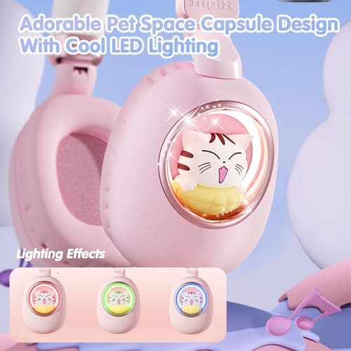 esonstyle Kids Headphones Cat Ear - Bluetooth 5.4 Over-Ear Noise Cancelling Headphones with Microphone LED Lights Up 85dB Safe Volume Limit Wireless or 3.5mm Wired USB C for Travel iPad Tablet (Pink) - Thumbnail 2
