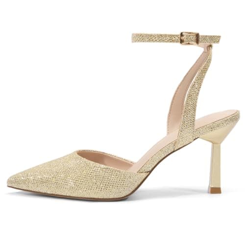 Athlefit Women's Closed Pointed Toe 3 Inch High Heels Ankle Strap Stiletto Heel Wedding Party Dress Pumps Shoes, Gold Glitter Size 9,SAPU2602W - Thumbnail 4