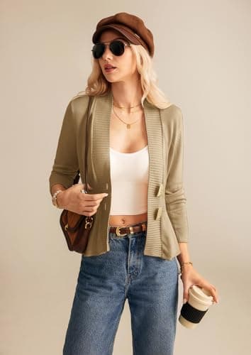GRACE KARIN Women Cardigan Sweaters 2025 Fall,Long Sleeve Cropped Sweater Coat Trendy,Button Front Peplum Tops Lightweight Khaki - Thumbnail 4