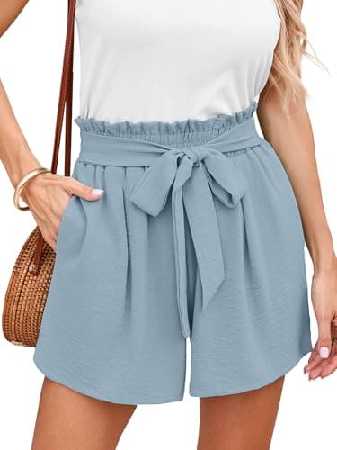 DEARCASE High Waist Shorts for Women Summer Haze Blue Medium Cute Beach Adjustable Lightweight Tie Knot Drawstring Stretchy Lounge Casual Loose Wide Leg Office Boho Short Pants with Pockets - Image 1