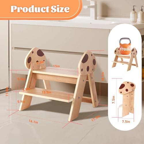 Novarieth Beech Wooden Toddler Step Stool, 2-Step Foldable Stool for Kids with Non-Slip Surface, Baby Bathroom Stool for Potty Training, Bathroom Sink, Kitchen Counter with Cute Mushroom Design - Thumbnail 3