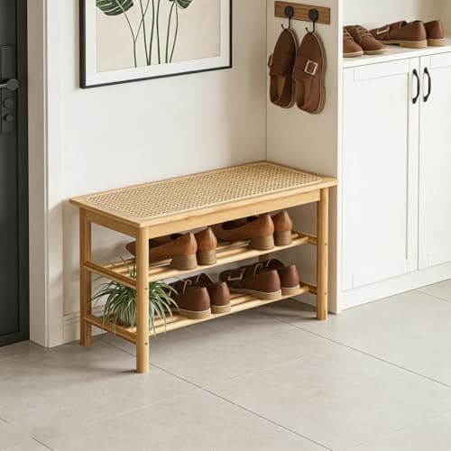 latifolia Shoe Rack Bench, 3-Tier Bamboo Shoe Bench with Breathable Rattan Seat Cushion, Shoe Storage Rack for Entryway(Nautre,39.70''L) - Thumbnail 6