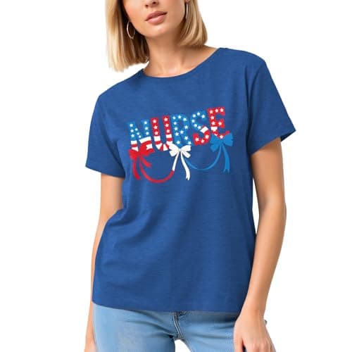 4th of July Nurse Shirts Women-Cute Nurse Bow Short Sleeve Patriotic Bow Tee Tops A-Blue - Thumbnail 4