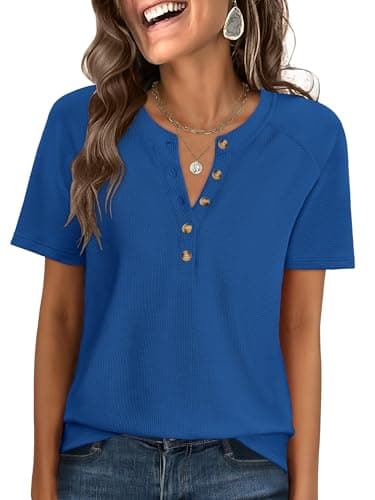 ANRABESS Women Waffle Knit Tops Short Sleeve Henley Shirts Dressy Casual Blouse 2026 Spring Fashion Outfits Trendy Clothes Royal Blue - Image 1
