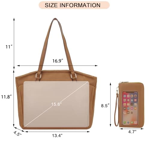 YZAOLL 15.6 Inch Laptop Tote Bag for Women,Water-resistant Vegan Leather with Anti-Scratch Padded Sleeve,Lightweight Multi-Pocket Work Bag for Business Travel,College,Office Essentials,Brown - Thumbnail 2