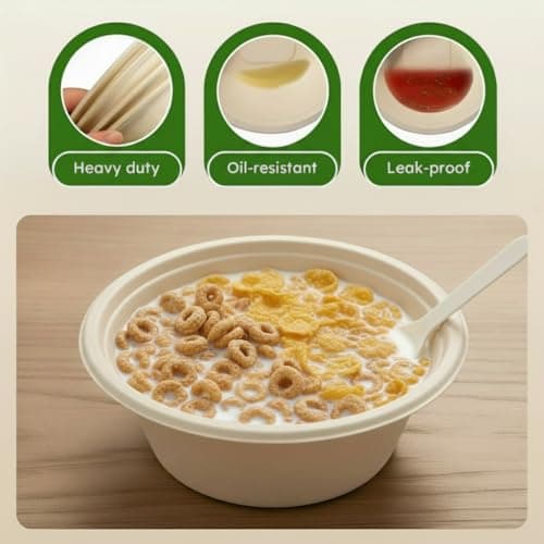 JYTIDYRA 32 oz Disposable Paper Bowls, Heavy-Duty Compostable Soup Bowls, Eco-Friendly Biodegradable Bagasse Bowls, Microwave & Freezer Safe, Large Deep Bowls for Salad, Cereal, BBQ [100 Pack] - Thumbnail 4