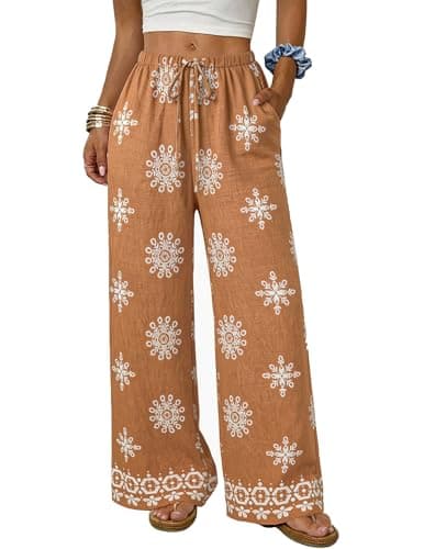 LOOKBOHO Women's Wide Leg Lounge Pants with Pockets Lightweight High Waisted Adjustable Tie Knot Loose Trousers with Pockets Khaki Floral M - Image 1