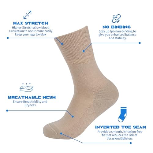 Forcool 3 Pairs Merino Wool Diabetic Crew Socks Loose Top Extra Wide Non-Binding Cushioned for Men and Women, Black+Khaki+Denim blue, Medium - Thumbnail 4