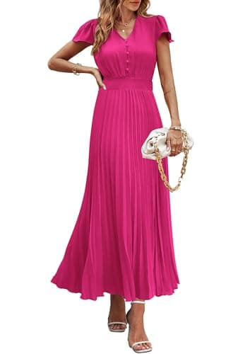 PRETTYGARDEN Women's Summer Maxi Dresses 2026 Trendy Casual Button V Neck Ruffle Cap Sleeve Long Flowy Spring Pleated Dress (Rose Red,Medium) - Image 1