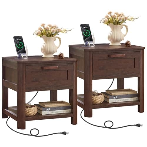 Joaxswe Farmhouse Side Table Set of 2 Living Room, Small Night Stand with 1 Drawers & Open Shelving & 4 Thickened Table Legs, Walnut