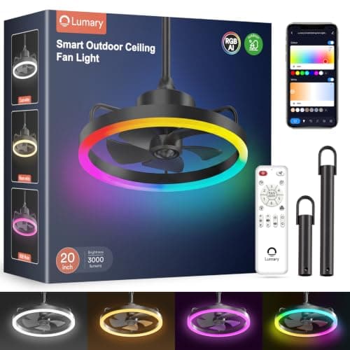 Lumary 20'' Smart Outdoor Ceiling Fans with Lights, Wi-Fi Bluetooth Direct Connect RGBCW Gazebo Fans, 40+ Scenes Mode, Compatible with Alexa & Google, Plug in Hanging Caged Ceiling Fan with Remote - Image 1