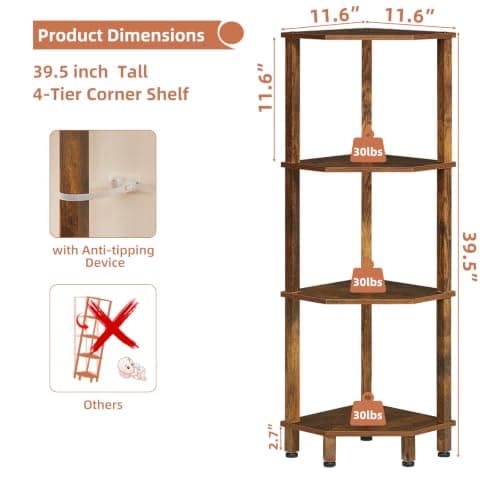 YUFAM 4-Tier Corner Shelf with Sturdy 5-Leg Base, 40in Tall Narrow Bookcase for Small Spaces, Wooden Plant Display Shelf, Thin Bookshelf for Living Room, Bedroom, Office, Brown - Thumbnail 2