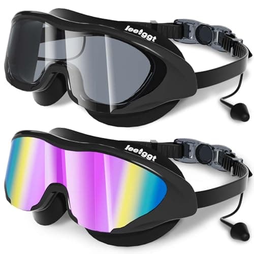 LEEIGGT Swimming Goggles for Kids 8-14, 2 Pack Anti Fog UV Kids Swim Goggles with Ear Plugs Attached