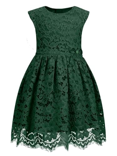 ALLOVIN Girls & Toddlers Sleeveless A-Line Lace Party Dress Birthday Wedding & Flower Girl Dress with Beaded Bowknot | Dark Green | 6-7Y - Image 1