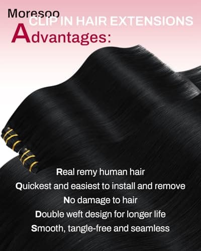 Moresoo Jet Black Clip in Hair Extensions Human Hair 20 inch Remy Straight Double Weft Clip in Human Hair Extensions for Women Jet Black #1 Full Head 7Pcs 120G - Thumbnail 2