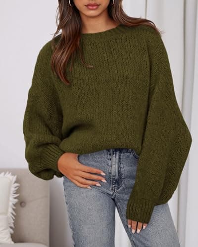 BTFBM Sweaters for Women Fall 2026 Crew Neck Lantern Long Sleeve Oversized Sweater Casual Knit Winter Pullover Tops(Army Green, XX-Large) - Thumbnail 6