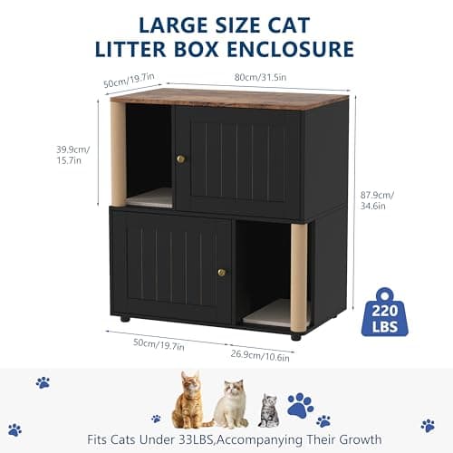 Garvee Cat Litter Box Enclosure for 2 Cats, Double Hidden Litter Box Furniture Cabinet with 2 Scratch Mat and Scratch Post, Modern Farmhouse Wooden Enclosed Cat Washroom, End Side Table - Thumbnail 2