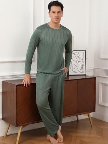 RQP Men's Pajama Sets Long Sleeve Crew Neck Lounge Set with Pockets,Light Green - Thumbnail 2