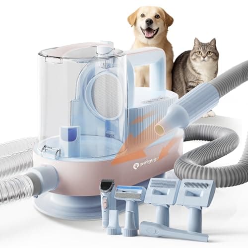 PETGUGU Dog Grooming Vacuum, Pet Grooming Vacuum with Clipper Nail Grinder, 2.5L Dust Cup Dog deshedding Brush with 7 in 1 Dog Grooming Kit,3 Settings Adjustable Speed and Temperature Control Blower