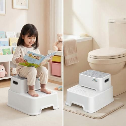 2-Step Kids Step Stool with Educational Design, Anti-Slip Bathroom Stool for Toddlers, Potty Training Helper, Safety Kitchen Standing Tower for Little Boys & Girls, Non-Slip Wide Base, White - Thumbnail 3