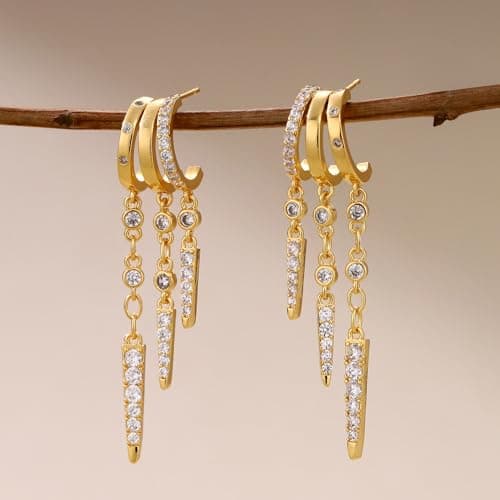 Gold Dangle Earrings for Women, 14k Gold Plated Statement Triple Hoop Illusion Drop Earrings Cubic Zirconia Huggie Earrings for Women Trendy - Thumbnail 5