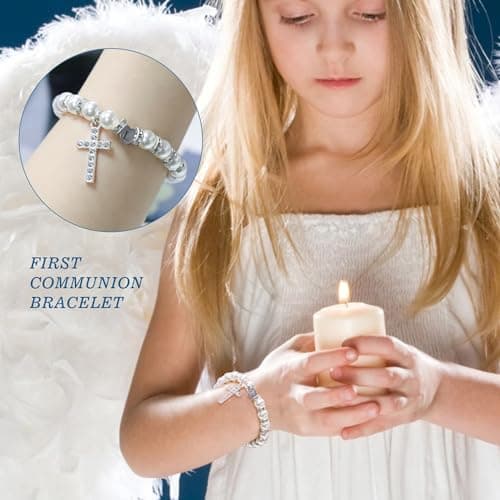 BAYLAY First Communion Gifts for Girls, Cross Bracelet for Teen First Communion Bracelet for Girls Pearl Letter J Initial Charm Bracelet First Holy Communion Gifts for Girl Catholic - Thumbnail 4