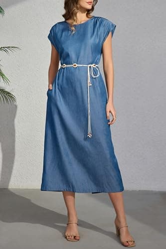 Women's Summer Denim Blue Casual Cap Sleeve Back Split Shift Elegant Office Rayon Pockets Dress with Decorative Waist Chain Ladies Straight Calf Length Work Business Vocation Holiday Dresses - Thumbnail 2