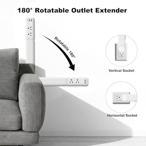 Electrical Outlet Extender Stick with Telescopic 22"-34" Extension & 180° Swivel, 2 AC Outlets & 3 USB Ports (1 USB-C/2 USB-A), for Hard-to-Reach Outlets Behind Furniture Bed Desk Sofa Nightstands - Thumbnail 2