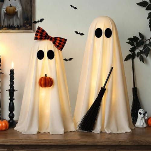 Halloween Decorations Indoor, 2 Pack Lighted Spooky Ghost with Pumpkin and Buffalo Plaid Bow, Cute Standing Ghost Decor for Home Office Table Mantel Shelf Party Supply Halloween Decor - Image 1