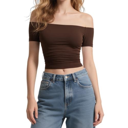 Women Off The Shoulder Tops Going Out Y2K Summer Sexy Double Line Shirts Slim Fitted Tops for Woman Trendy Basic Shirt Club Outfits Blouse Shirt Blusas Casuales De Mujer Bonitas(Brown,XS)