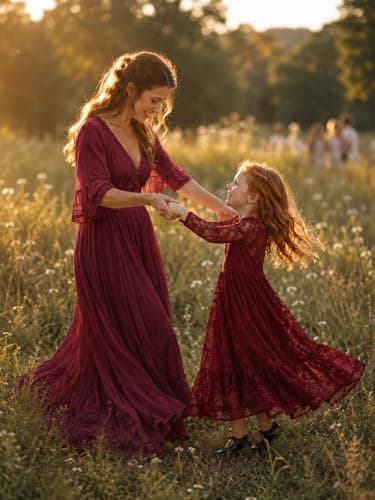 ALLOVIN Toddler & Girls Long Sleeve Lace Flower Girl Dress Maxi Boho A-Line Dress for Wedding Baptism 1st Communion | Burgundy | 6-7Y - Thumbnail 6