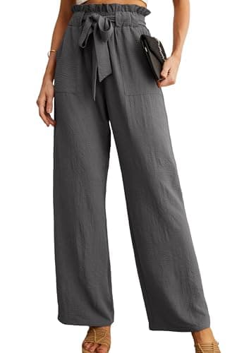 HiMONE Petite High Waisted Wide Leg Pants – Tailored Paperbag Waist Ankle Length Trousers for Women 5'4" and Under Smoky Gray